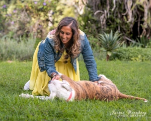 woman-playing-on-the-grass-with-brindle-and-white-pitbull